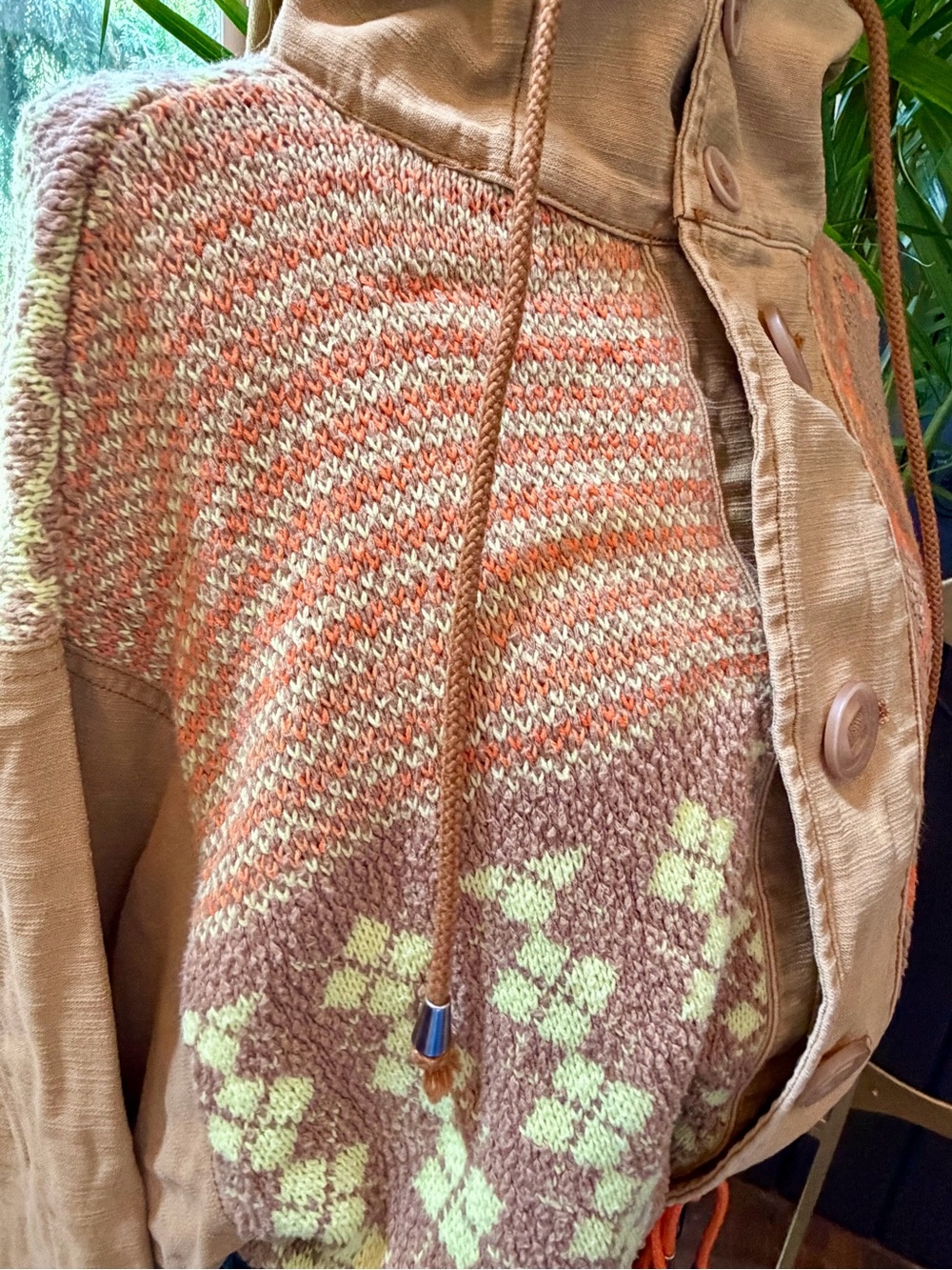 FREE PEOPLE Reno Knit Patchwork Cropped BOHO Jacket Coat Utility Aztec Brown Sm - Picture 6 of 16